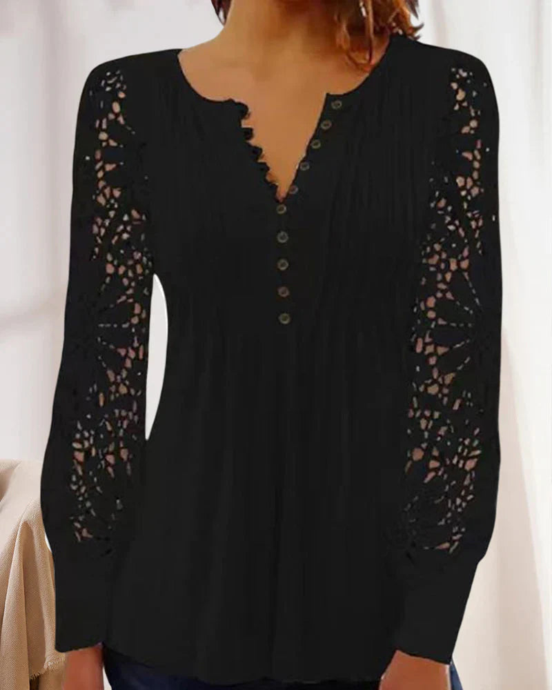Women's Elegant Fabric Top with Long Sleeves and Lace Detail