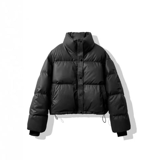 Warm Winter Jacket With Puffer Short Vegan Leather Elegant For Women | Ideal for Winter