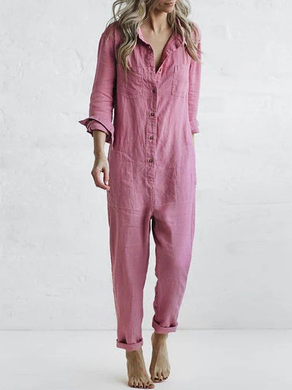 Women's Casual Long Sleeve Linen Jumpsuit with Buttons | Ideal for Summer