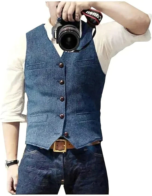Men's Modern Denim Blazer with V-Neck Design for Casual and Formal Occasions