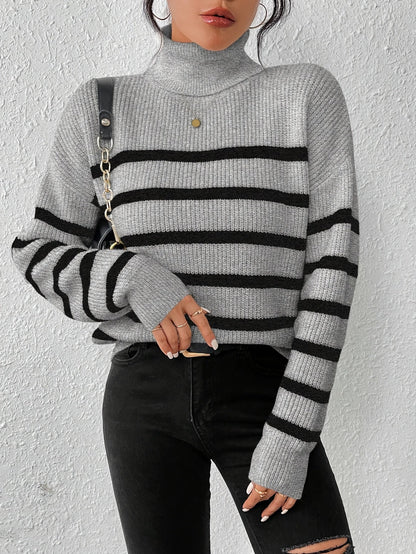 Women's Casual Grey Striped Turtleneck Jumper | Ideal for Winter