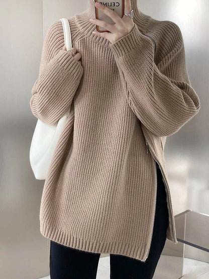 Women's Warm Loose Turtleneck Jumper with Side Zipper | Ideal for Winter