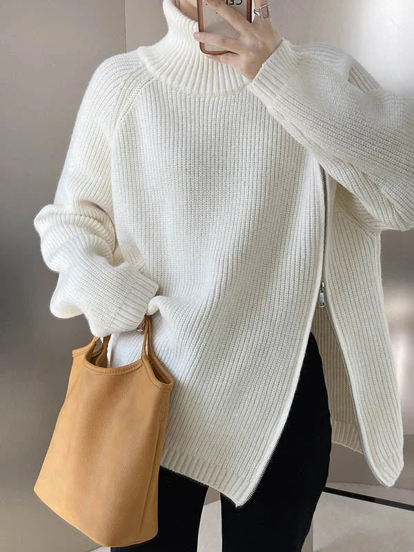 Women's Warm Loose Turtleneck Jumper with Side Zipper | Ideal for Winter