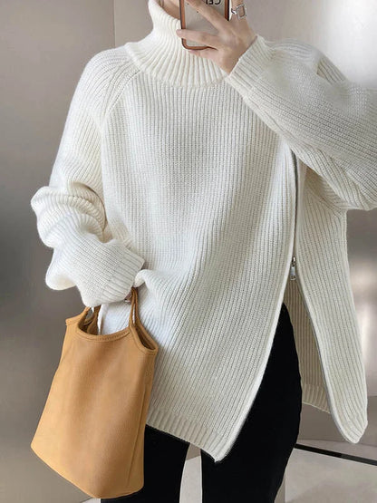 Women's Warm Loose Turtleneck Jumper with Side Zipper | Ideal for Winter