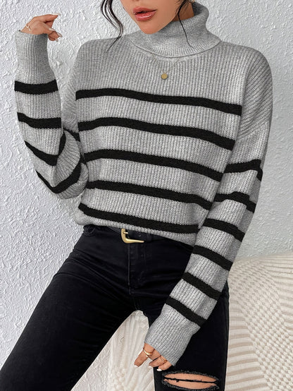 Women's Casual Grey Striped Turtleneck Jumper | Ideal for Winter