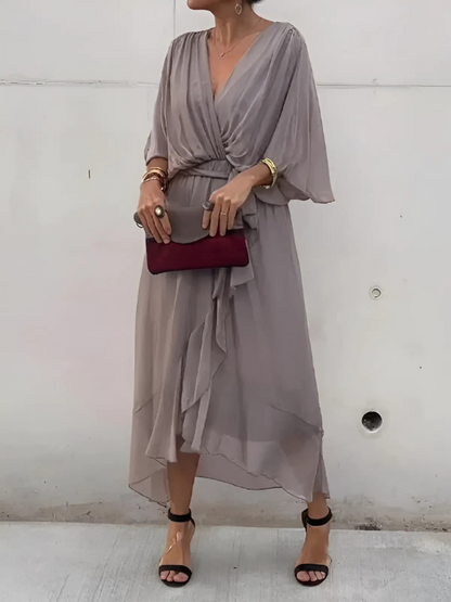 Women's Elegant Lightweight Wrap Midi Dress with Adjustable Fit