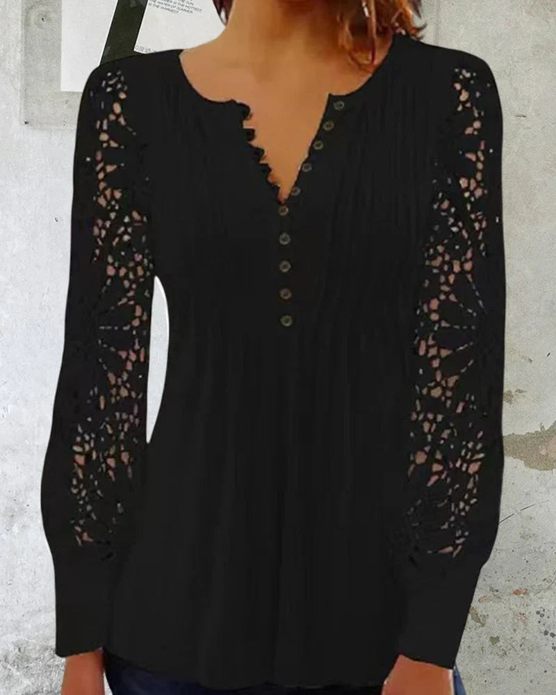 Women's Elegant Fabric Top with Long Sleeves and Lace Detail