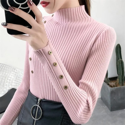 Women's Stretchy Turtleneck Knitted Jumper with Buttons for Women | Ideal for Winter