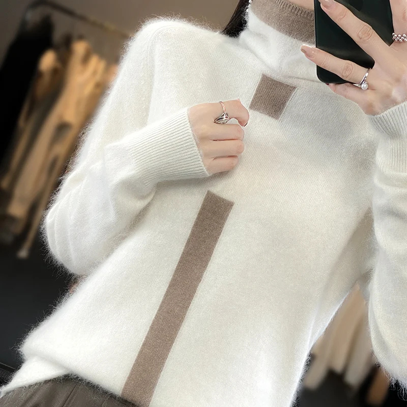 Women's Soft High-Neck Knitted Jumper with One Stripe | Ideal for Winter