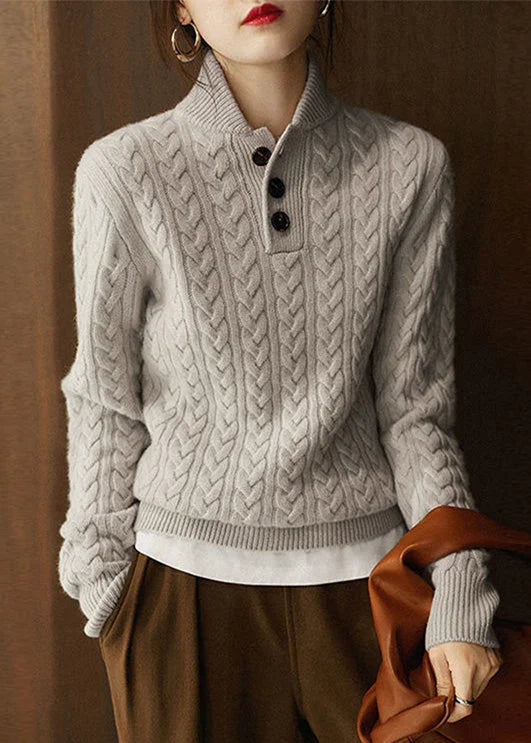 Women's Chunky Knit Jumper with Stand Collar and Button | Ideal for Winter