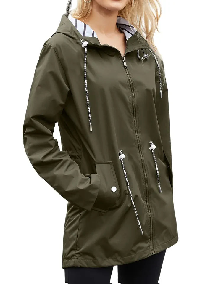 Women's Warm Full-Zip Raincoat with Drawstring Waist | Ideal for Autumn/Winter