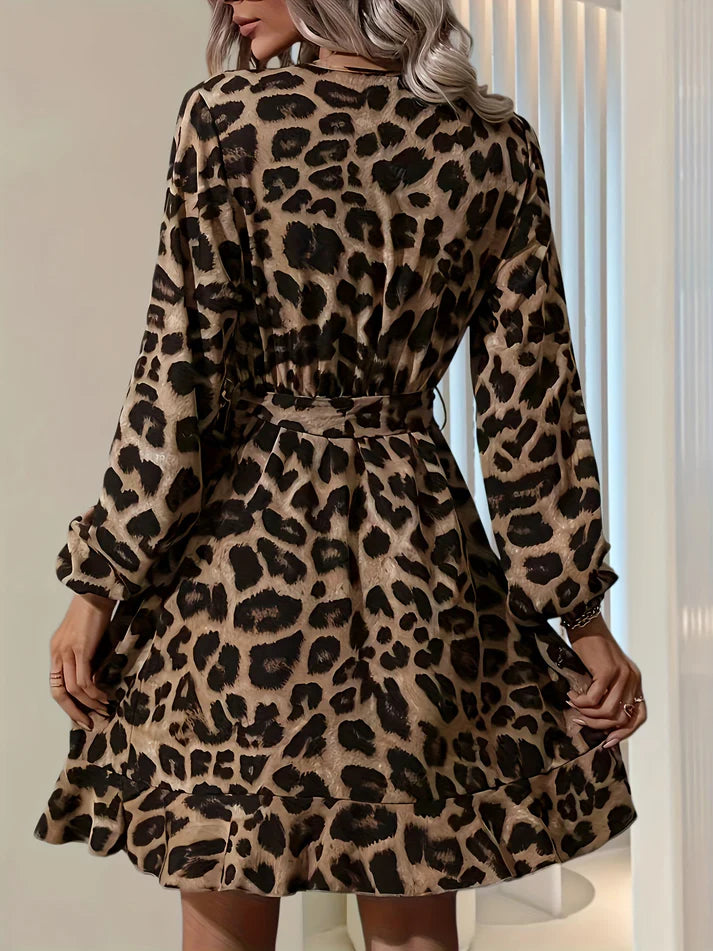 Stylish Leopard Print Surplice Neck Long Sleeve Tie Waist Formal Dress for Women | For Formal Occasions