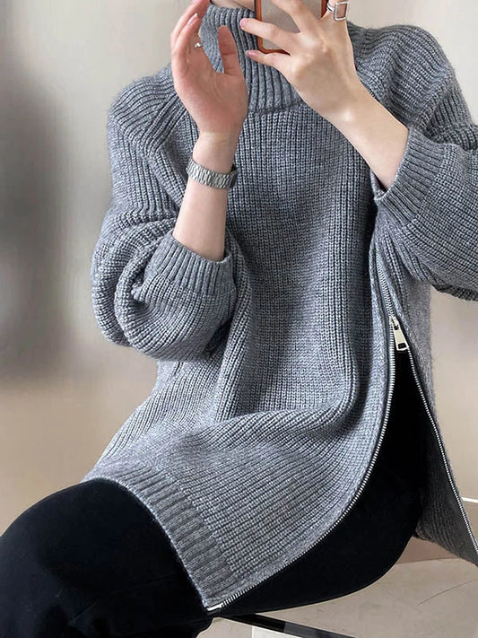 Women's Warm Loose Turtleneck Jumper with Side Zipper | Ideal for Winter