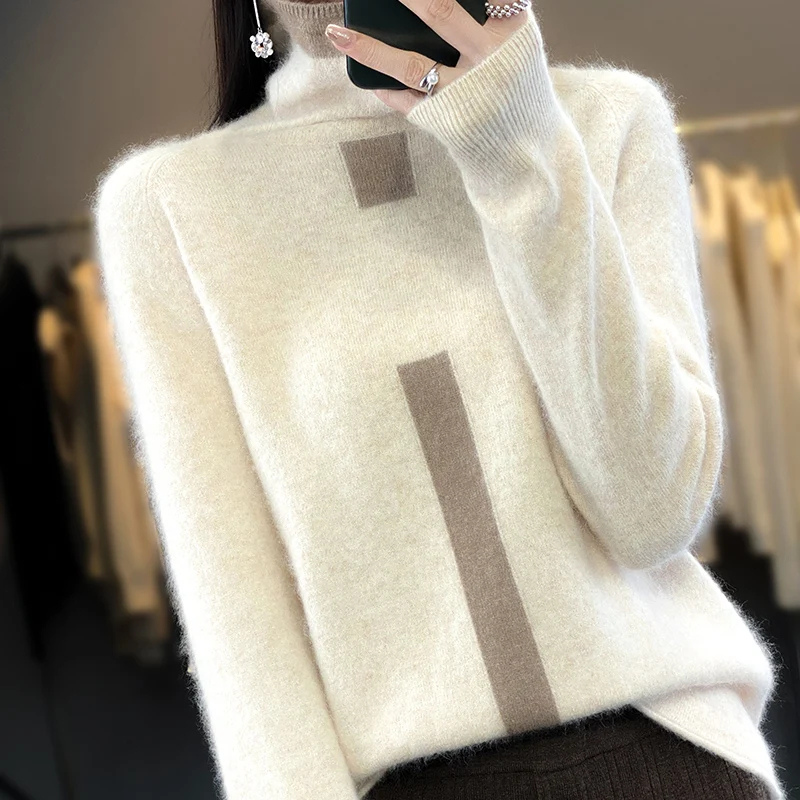 Women's Soft High-Neck Knitted Jumper with One Stripe | Ideal for Winter