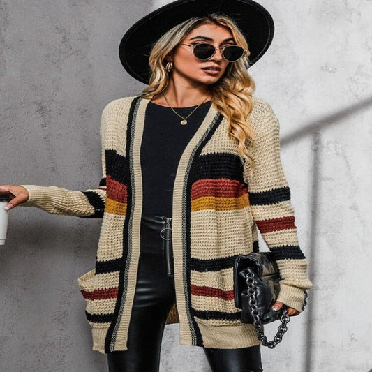 Women's Stylish Apricot Oversized V-Neck Cashmere Knit Cardigan | Ideal for Winter