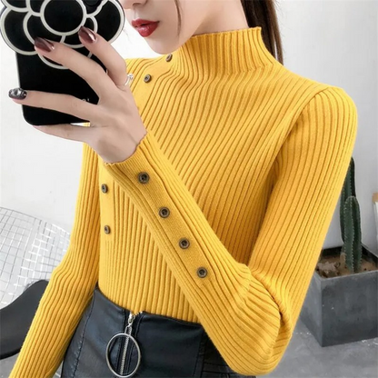 Women's Stretchy Turtleneck Knitted Jumper with Buttons for Women | Ideal for Winter