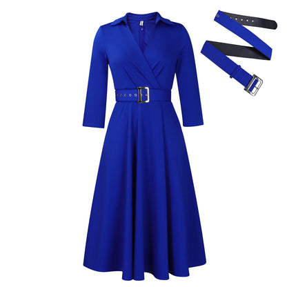 Stylish Solid Asymmetric Neck Belted 3/4 Sleeve Formal Dress for Women | For Formal Occasions