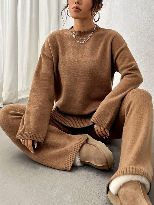 Women's Casual Ribbed, Knitted Sweater and Straight Leg Pants Two Piece Set | Perfect for Everyday Wear