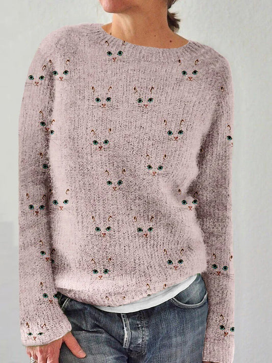Women's Cozy Cat Faces Print Knit Round Neck Jumper | Ideal for Winter