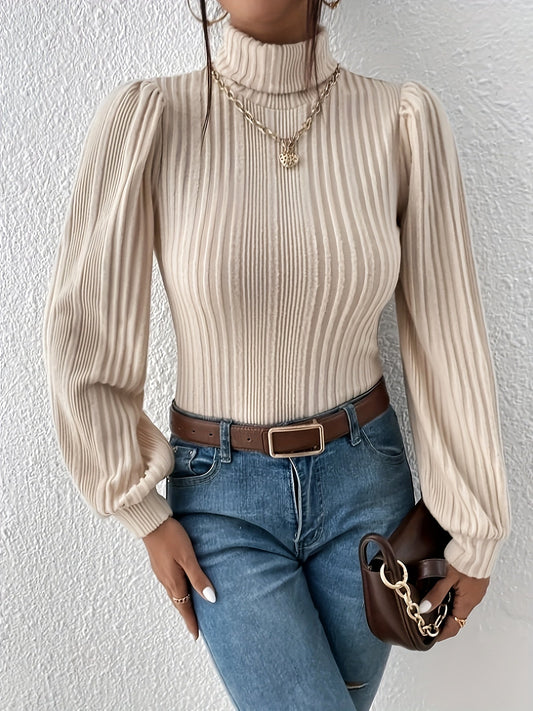 Women's Elegant Beige Ribbed Turtleneck Jumper | Ideal for Winter