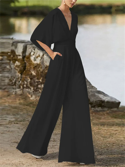 Women's Stylish Wide Leg V-neck Jumpsuit with Batwing Sleeve | Ideal for Summer