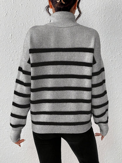 Women's Casual Grey Striped Turtleneck Jumper | Ideal for Winter