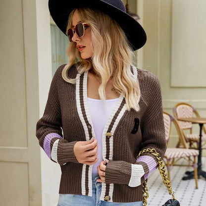 Women's Cozy V-neck Knitted Cardigan with Striped Design and B Print | Ideal for Winter