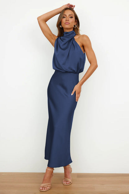 Women's Elegant Fabric Maxi Dress with Halter Neckline