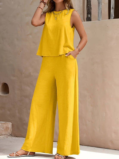 Women's Elegant Fabric Loungewear Set with Flowy Wide-Leg Pants