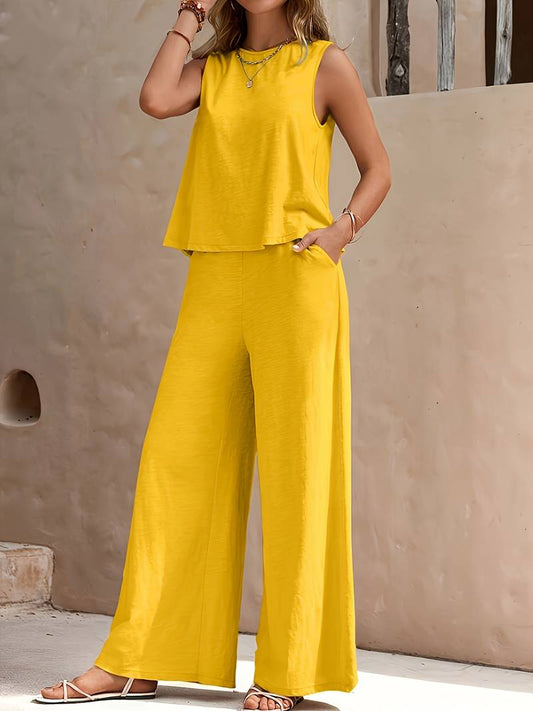 Women's Elegant Fabric Loungewear Set with Flowy Wide-Leg Pants
