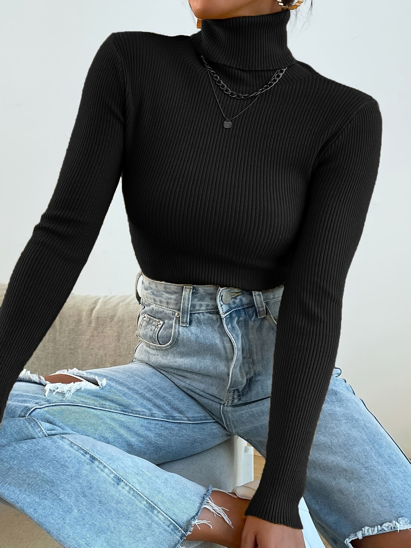 Women's Black Rib Knit Turtleneck Jumper in Slim Fit | Ideal for Winter