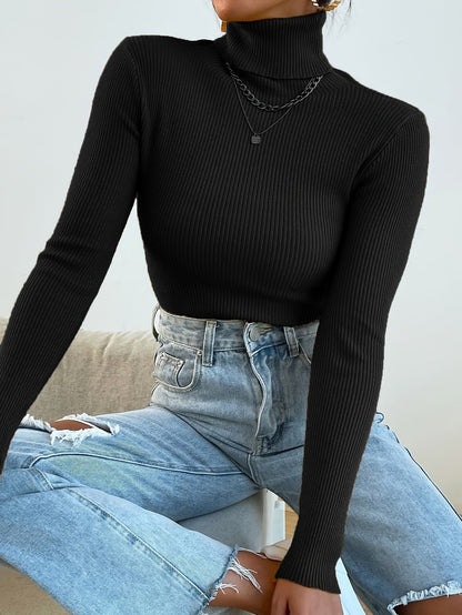 Women's Black Rib Knit Turtleneck Jumper in Slim Fit | Ideal for Winter