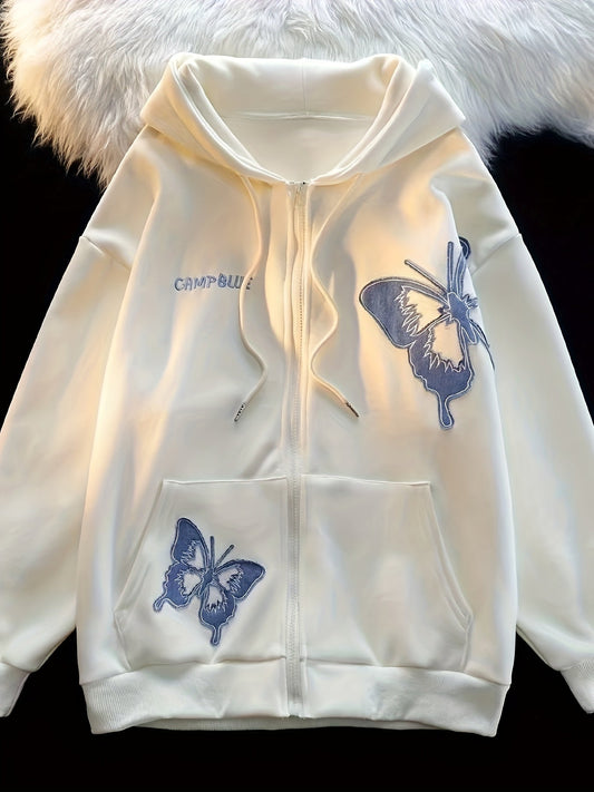 Women's Casual Oversized Hoodie with Butterfly Print Pocket and Zipper | Perfect for Casual Days