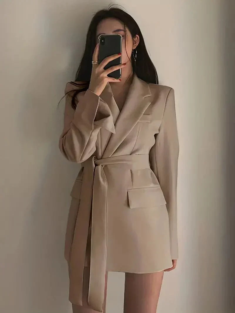 Women's Casual Pocket Blazer Dress with Long Belt | Perfect for Casual Days