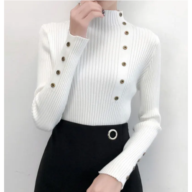 Women's Stretchy Turtleneck Knitted Jumper with Buttons for Women | Ideal for Winter