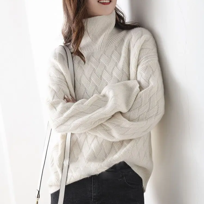 Women's Trendy Thick Knitted Turtleneck Jumper with Zigzag Pattern | Ideal for Winter