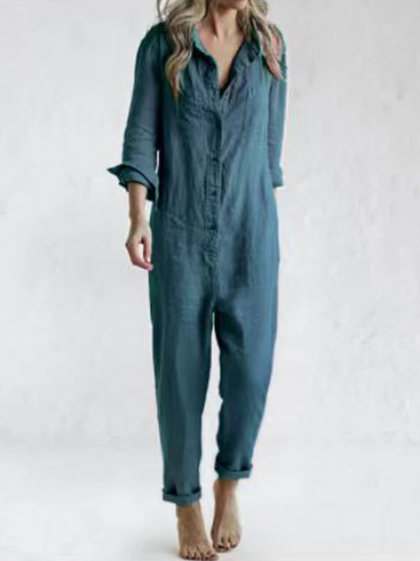 Women's Casual Long Sleeve Linen Jumpsuit with Buttons | Ideal for Summer