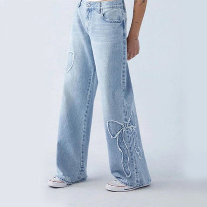 Women's Stylish Wide Leg Ribbon Baggy Jeans | Perfect for Casual Days