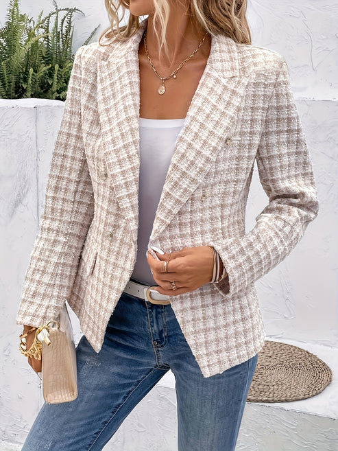 Women's Elegant Business Double-Breasted Blazer with Plaid Pattern | For Formal Occasions