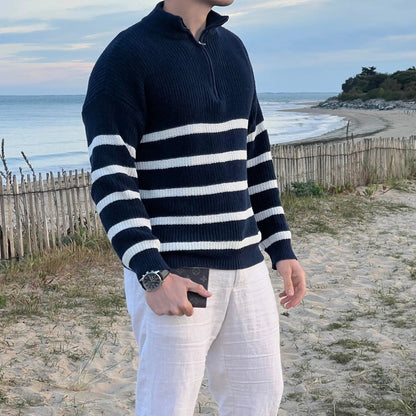 Men'z Cozy Blue Half-zip Knitted Jumper with Striped | Ideal for Winter