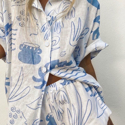 Women's Relaxed Lightweight Loungewear Set with Ocean-Inspired Prints
