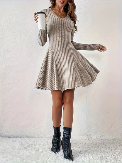 Stylish Ribbed V-Neck A-Line Long Sleeve Formal Dress for Women | For Formal Occasions