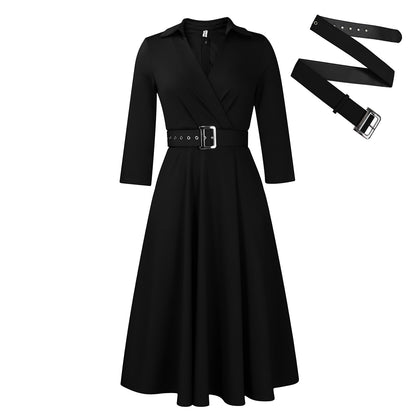 Stylish Solid Asymmetric Neck Belted 3/4 Sleeve Formal Dress for Women | For Formal Occasions