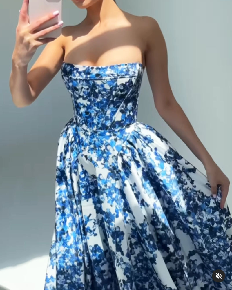 Women's Elegant Floral Evening Gown with Strapless Design