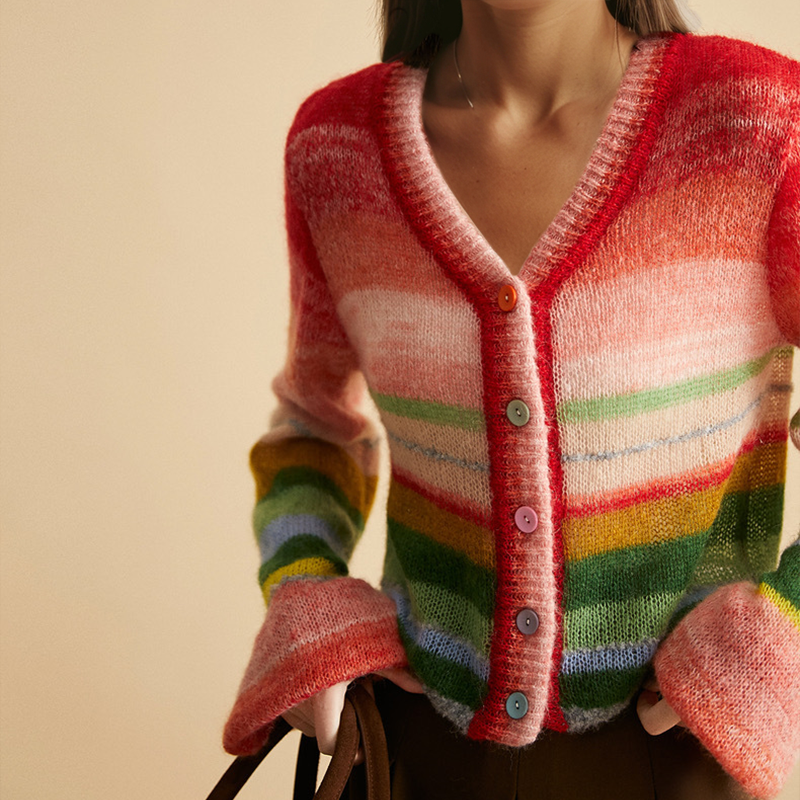 Women's Multicoloured Mohair Cashmere V-Neck Knit Cardigan with Buttons | Ideal for Winter