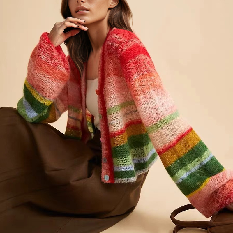 Women's Multicoloured Mohair Cashmere V-Neck Knit Cardigan with Buttons | Ideal for Winter