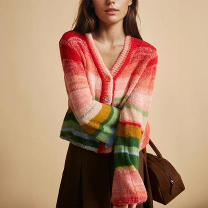 Women's Multicoloured Mohair Cashmere V-Neck Knit Cardigan with Buttons | Ideal for Winter