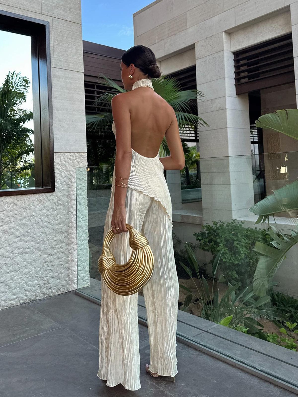 Women's Elegant Stretch Fabric Halter Top with Pleated Pants