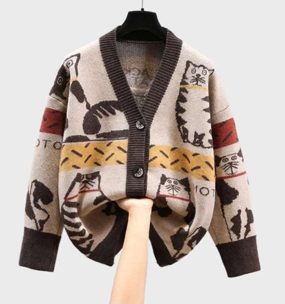 Women's Chic Kitten Print Knit Cardigan with Buttons | Ideal for Winter