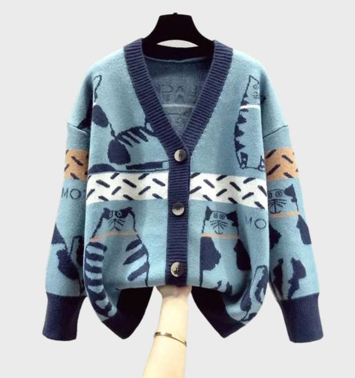 Women's Chic Kitten Print Knit Cardigan with Buttons | Ideal for Winter